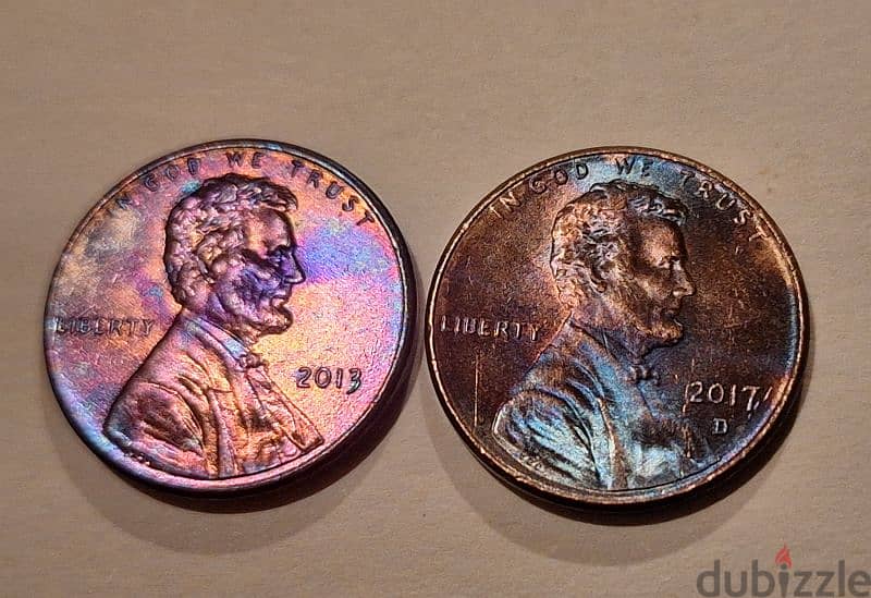 2013 , 2017 d,  Shield Penny and 1994 d lincoln penny "rainbow color" 3