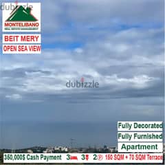 350,000$ Cash Payment! Apartment for sale in Beit Mery! Open Sea View!