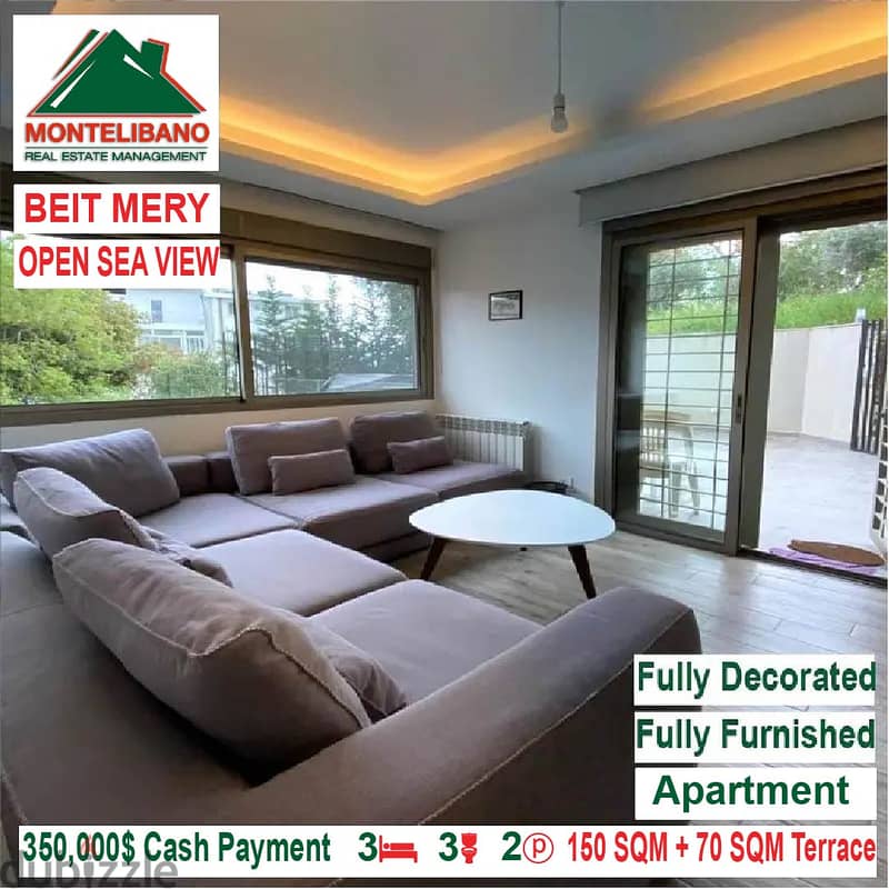 350,000$ Cash Payment! Apartment for sale in Beit Mery! Open Sea View! 2