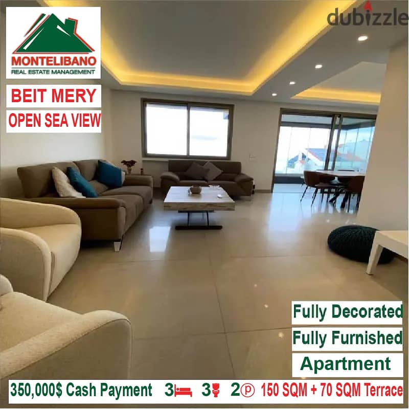 350,000$ Cash Payment! Apartment for sale in Beit Mery! Open Sea View! 3