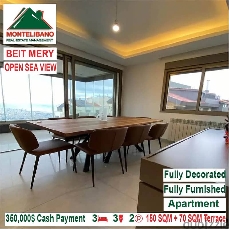 350,000$ Cash Payment! Apartment for sale in Beit Mery! Open Sea View! 4