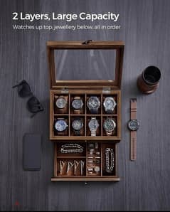 SONGMICS Watch Box with 8 Slots, 2-Tier Wood Watch Case 0