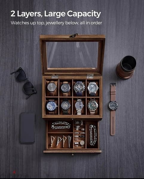 SONGMICS Watch Box with 8 Slots, 2-Tier Wood Watch Case 0