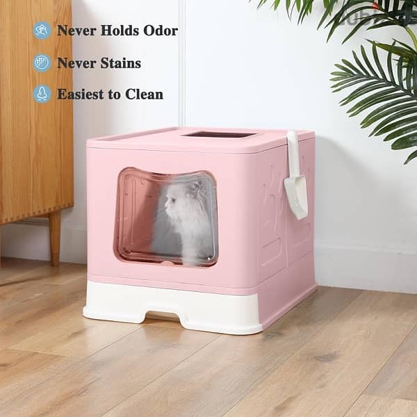 Bolux Foldable Cat Litter Box with Lid, Extra Large with Scoop 1
