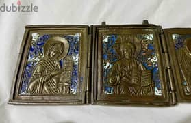 antique 19th century Russian orthodox bronze enamel triptych icon 0