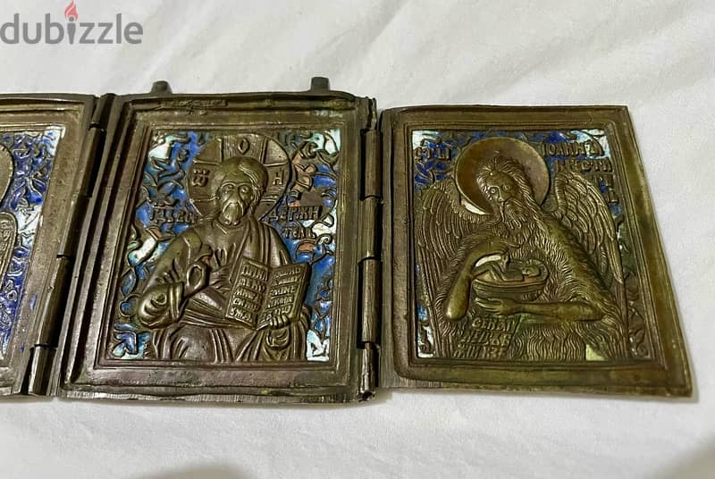 antique 19th century Russian orthodox bronze enamel triptych icon 3