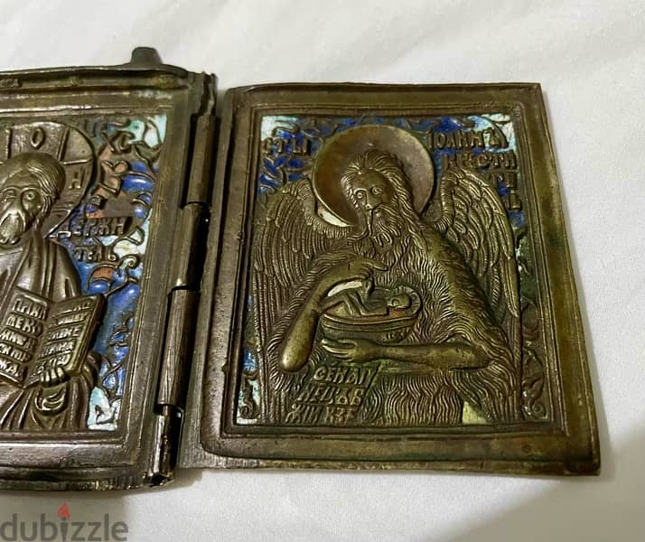 antique 19th century Russian orthodox bronze enamel triptych icon 4