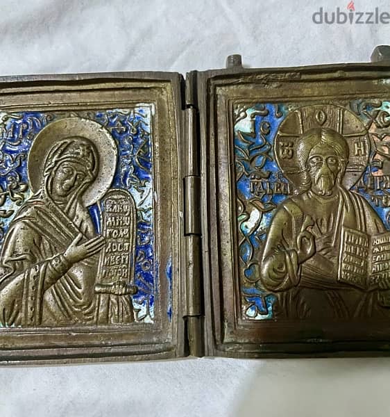 antique 19th century Russian orthodox bronze enamel triptych icon 7