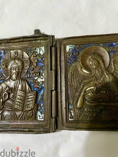 antique 19th century Russian orthodox bronze enamel triptych icon 8