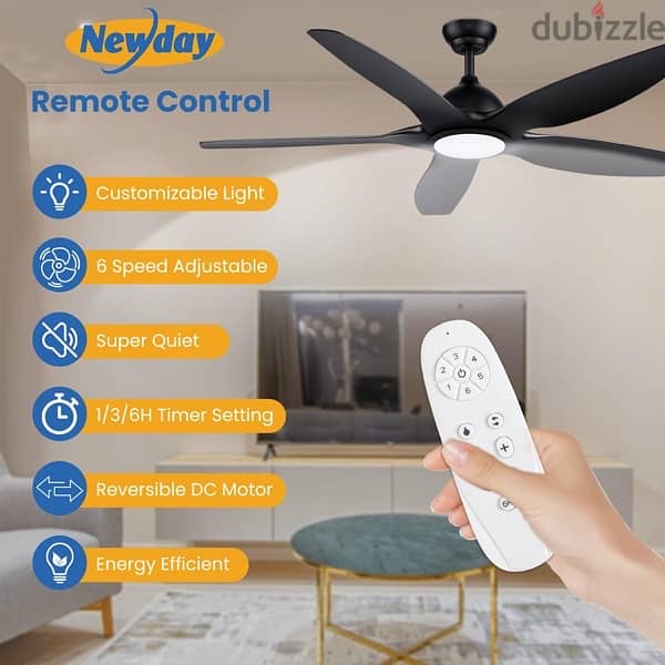 Newday 60 inch Black Ceiling Fan with Light Remote Control 3
