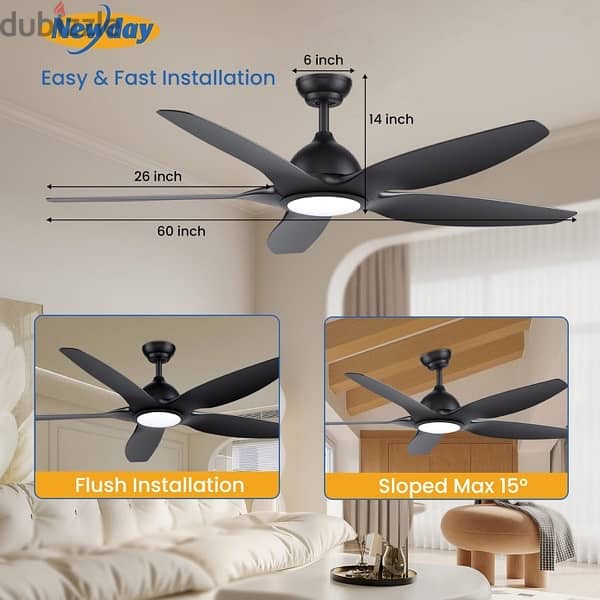 Newday 60 inch Black Ceiling Fan with Light Remote Control 7