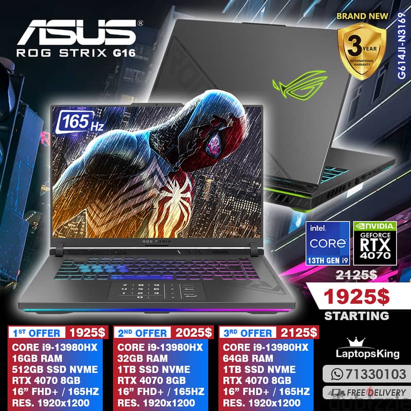 ASUS ROG STRIX G16 CORE i9-13980HX RTX 4070 165HZ 16" GAMING LAPTOP 0