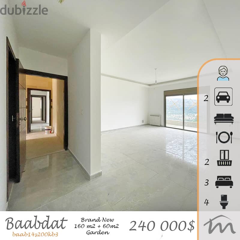 Baabdat | Brand New 160m² + 60m² Garden | Huge Balcony | Open View 0