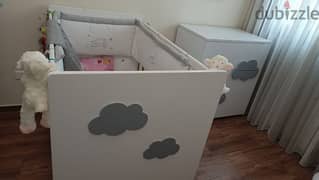 baby dresser, bed with mattress &2 shelves