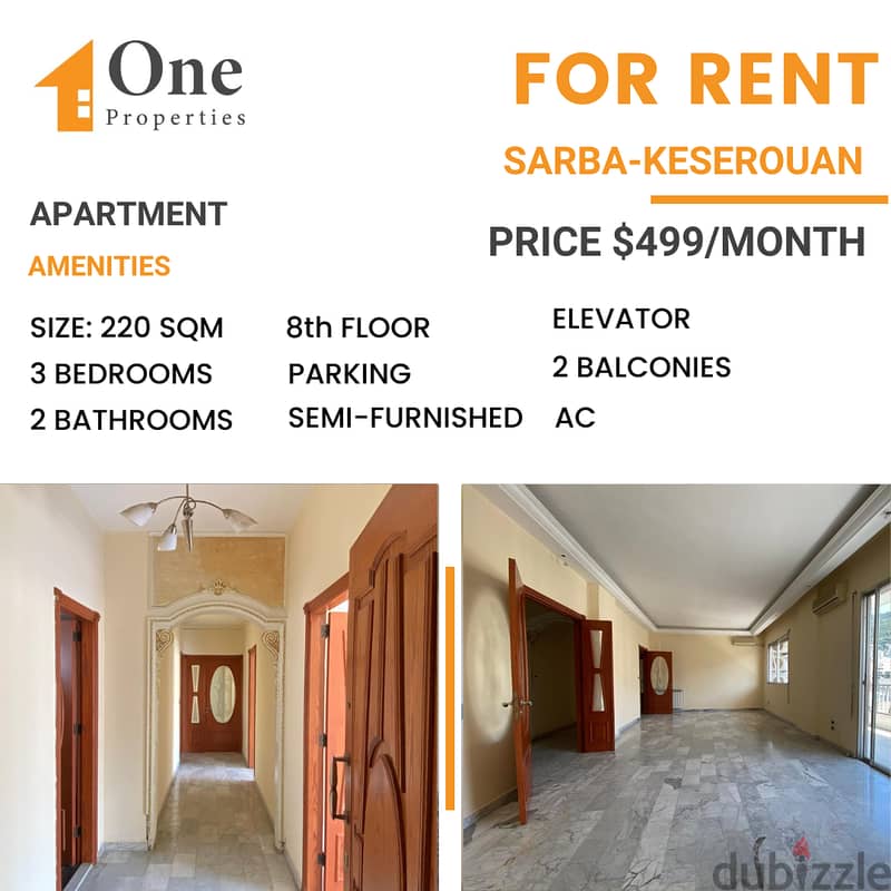 SEMI-FURNISHED Apartment for RENT,in SARBA/KESEROUAN with a mountain & 0