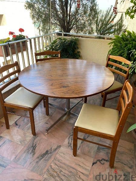 wood table stainless steel stand with four wood chairs 1