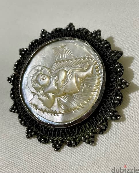 Antique Jerusalem silver 950 mother of pearl brooch / pendant 2