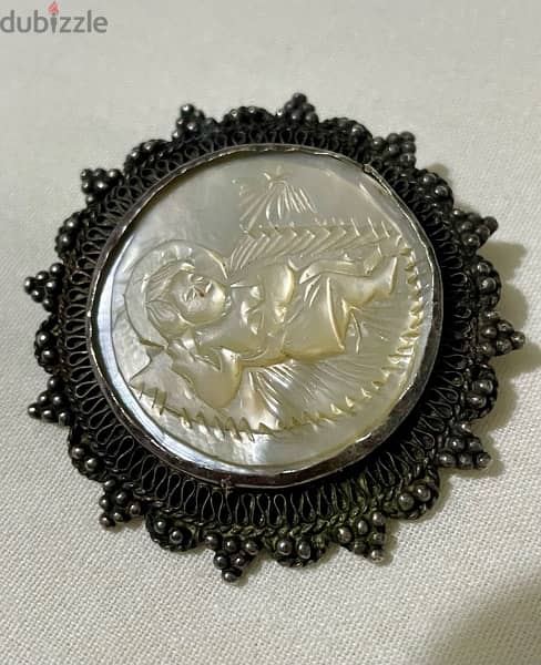 Antique Jerusalem silver 950 mother of pearl brooch / pendant 3