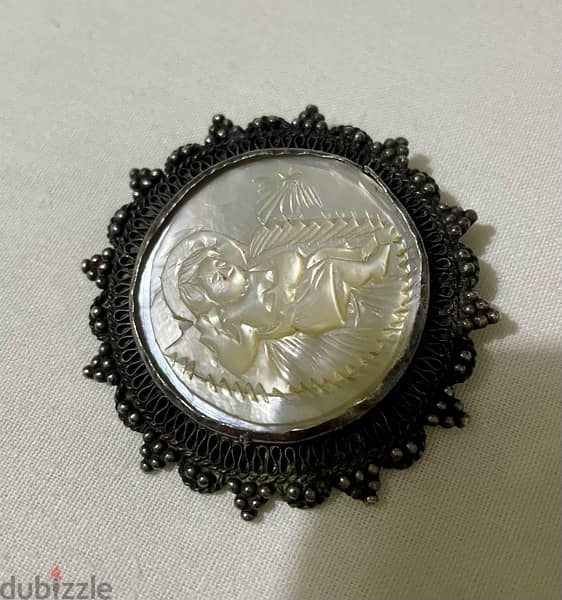 Antique Jerusalem silver 950 mother of pearl brooch / pendant 4