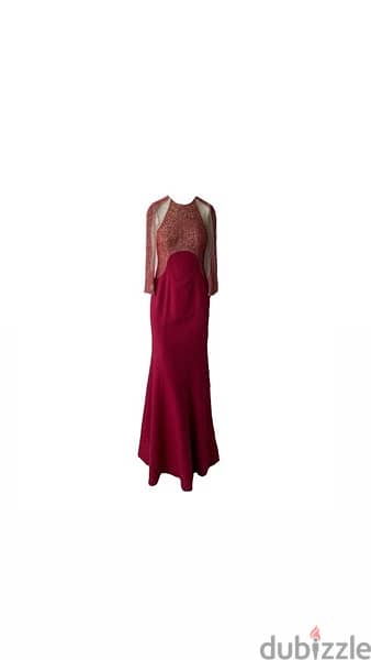 Rani Zakhem red wine beaded and mesh evening dress