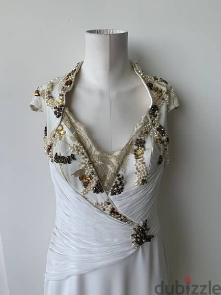 Vintage cheongsam white beaded and sequined back mesh evening dress 2