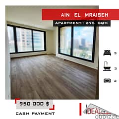 Apartment for sale in Beirut Ain El Mraiseh  275 sqm ref#kj94115