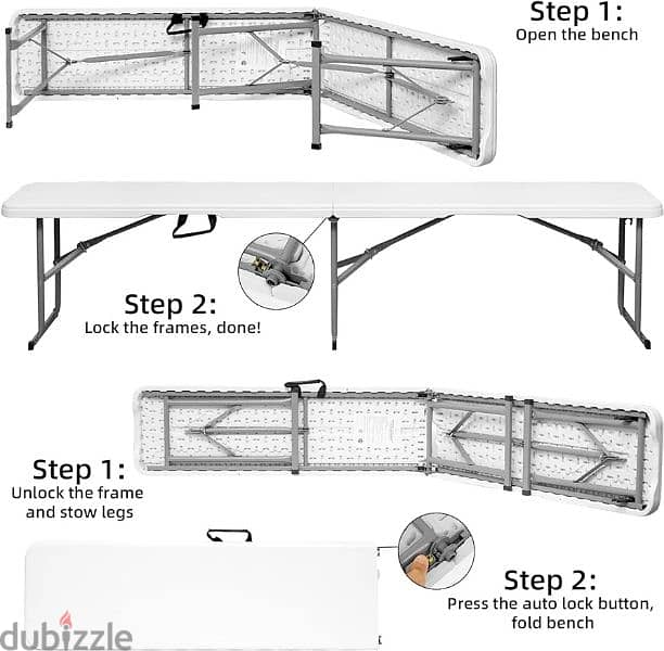 Rectangular Indoor/Outdoor Folding Bench 183 x 28 x 43 cm - White 3