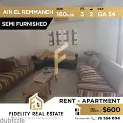 Semi Furnished apartment for rent in Ain el remmaneh GA54