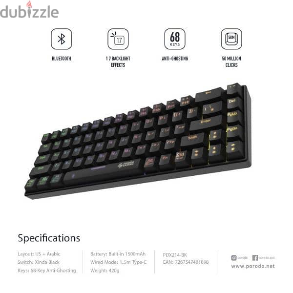Porodo Gaming Keyboard Mechanical with Wired and Wireless 1
