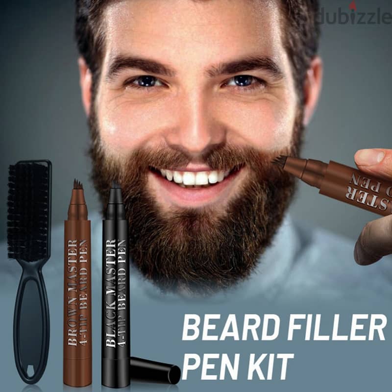 Beard Outlining Pen, Hair Coverage Brush, Black/Brown Filling Kit 4