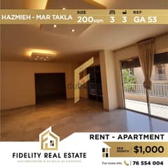 Apartment for rent in Hazmieh Mar Takla GA53 0