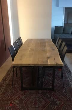 Oak dining table 3 meters with 8 Italian leather chairs.