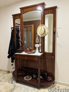 Antique Wooden Hall Tree Coat Rack with Marble Top and Mirrors