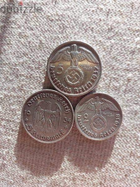 Set of 3 Nazi German Silver Coins ear of Hitler in world War 2 0