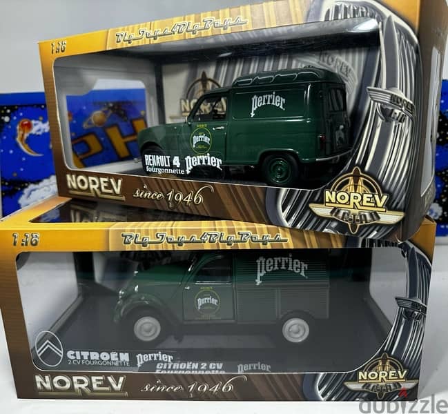 100$ OFF! 1/18 diecast Perrier Renault 4F4 & Citroën 2CV by Norev BOTH 10