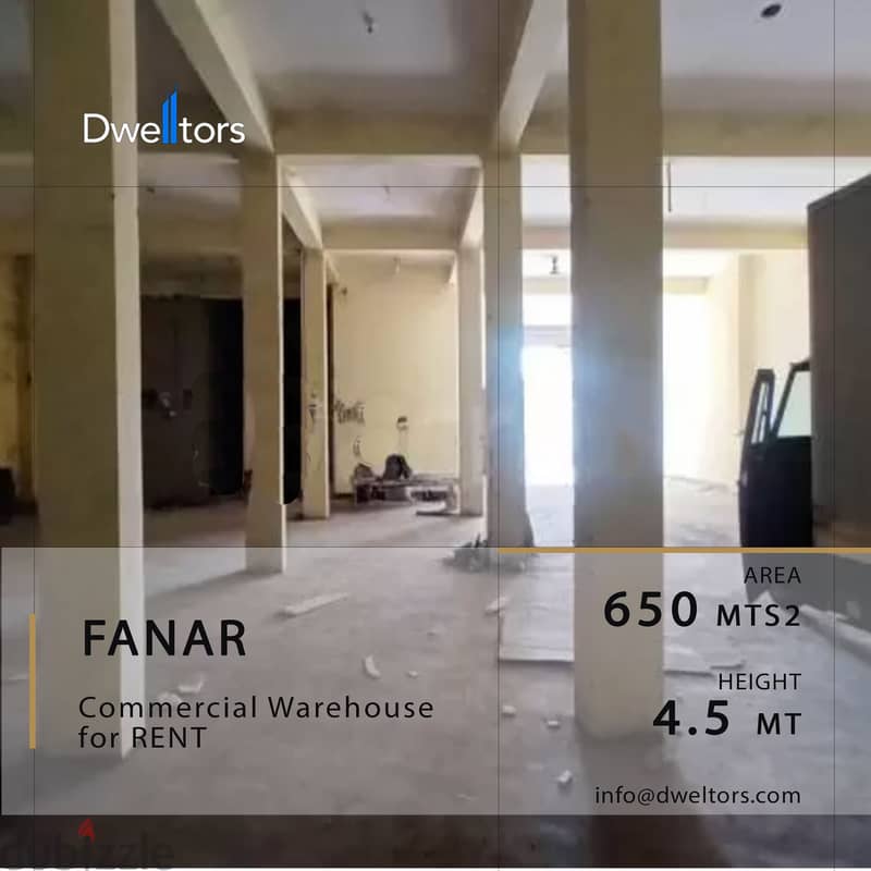 Warehouse for rent in FANAR - 650 MT2 - 4.5 MT Height 0