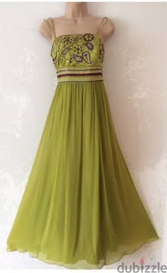 Monsoon lime green silk maxi evening dress size 42 (40) فستان سهرة