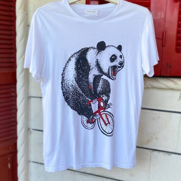 PIER ONE Panda On A Bicycle White T-Shirt. 1