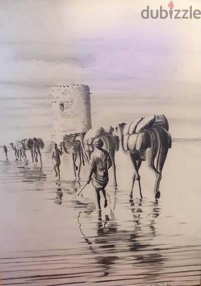 Pencil sketch of camel caravan