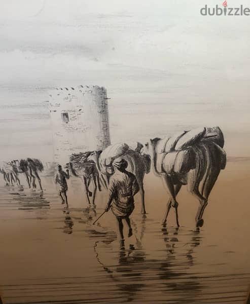 Pencil sketch of camel caravan 3