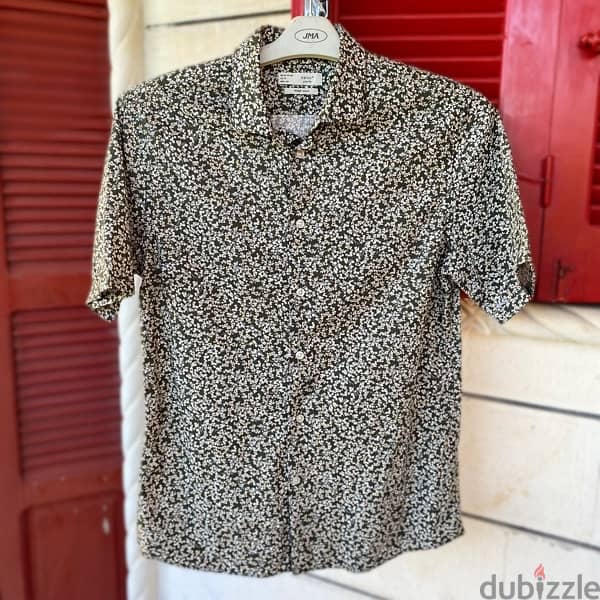 CELIO Dark Olive Floral Slim Fit Shirt. 1