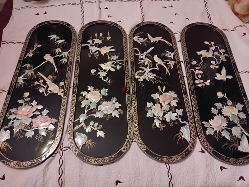Vintage Chinese Black Lacquer Mother Of Pearl Wall Panel 2