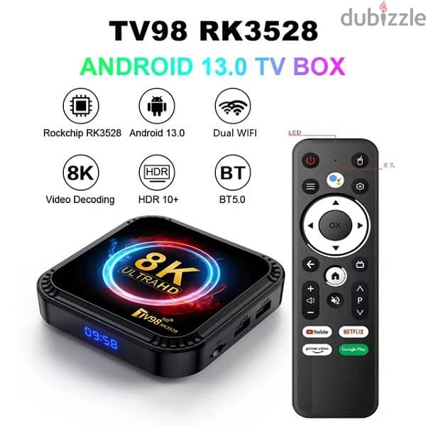 TV BOX Tv98 5G
Android 13/14
32/4
Shahid/Netflix/YouTube,,,, 0