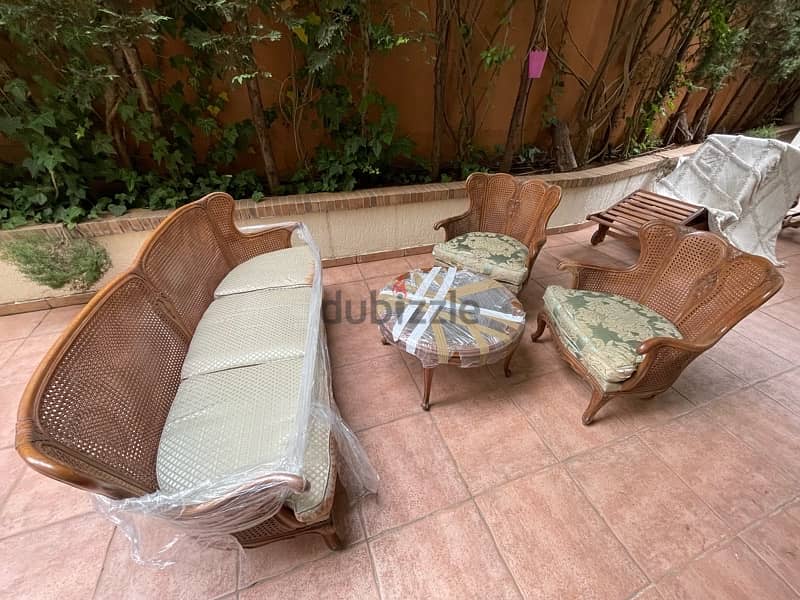 Antique oak wood chairs, sofas and coffee table 1