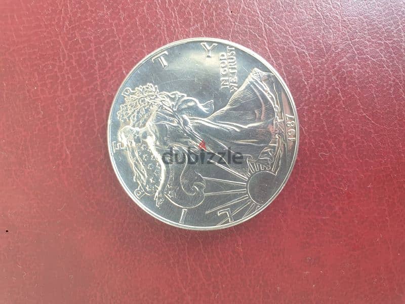silver one us dollar, 1 oz fine silver,liberty,1987 1