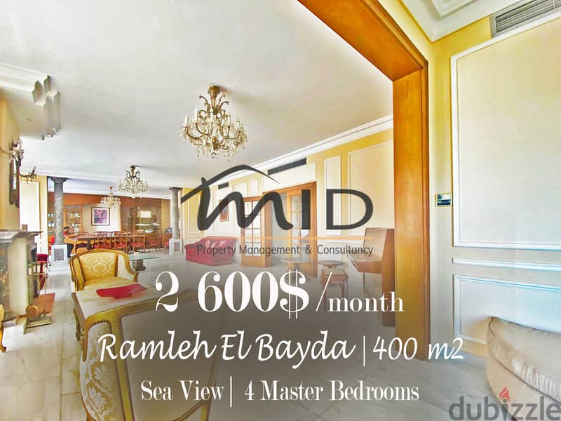 Ramlet El Bayda | 4 Master Bedrooms | 400m² | Sea View | Balconies 1
