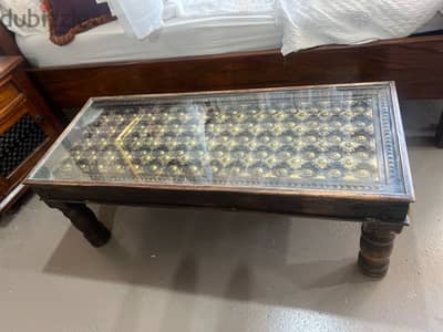 solid wood teak table with copper