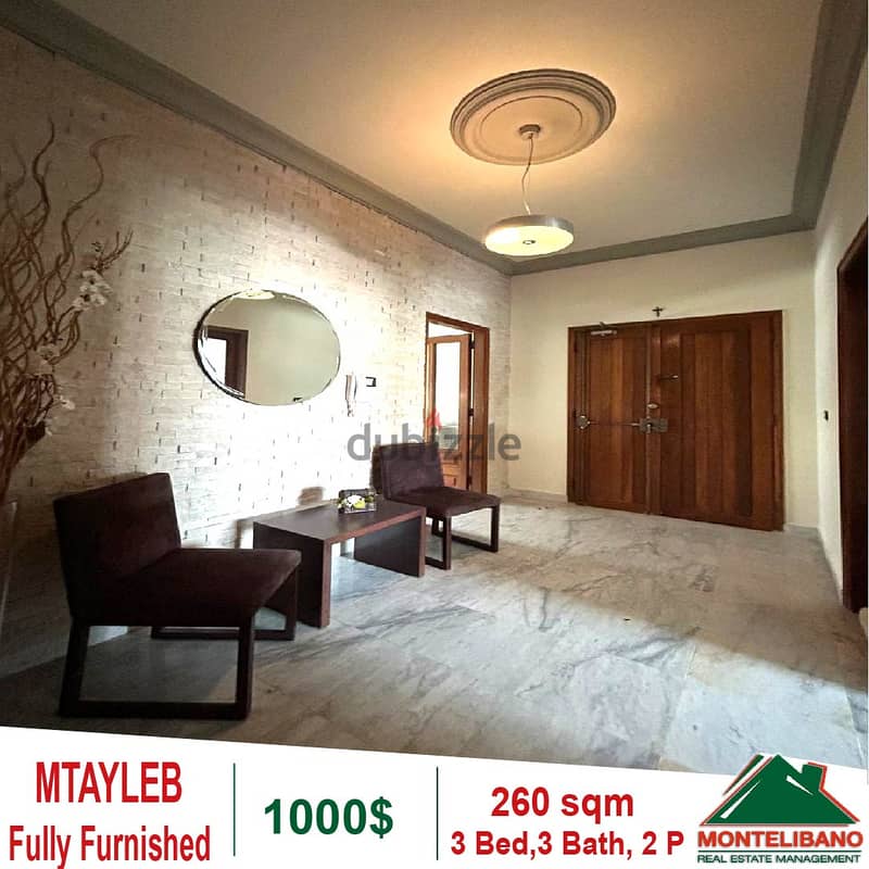 1000$!! Fully Furnished Apartment for rent in Mtayleb 2