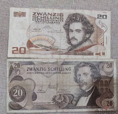 Set two Austria Banknotes 20 Zwanzig Shilling مجموعة من ورقتين النمسا