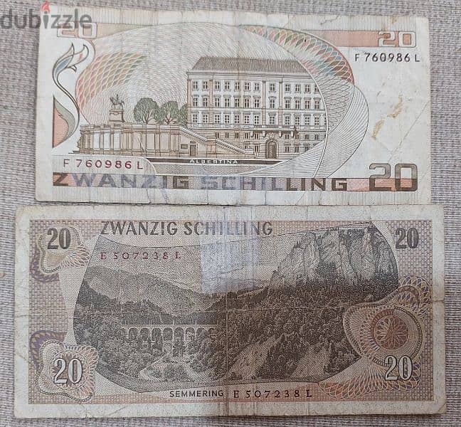 Set two Austria Banknotes 20 Zwanzig Shilling مجموعة من ورقتين النمسا 1